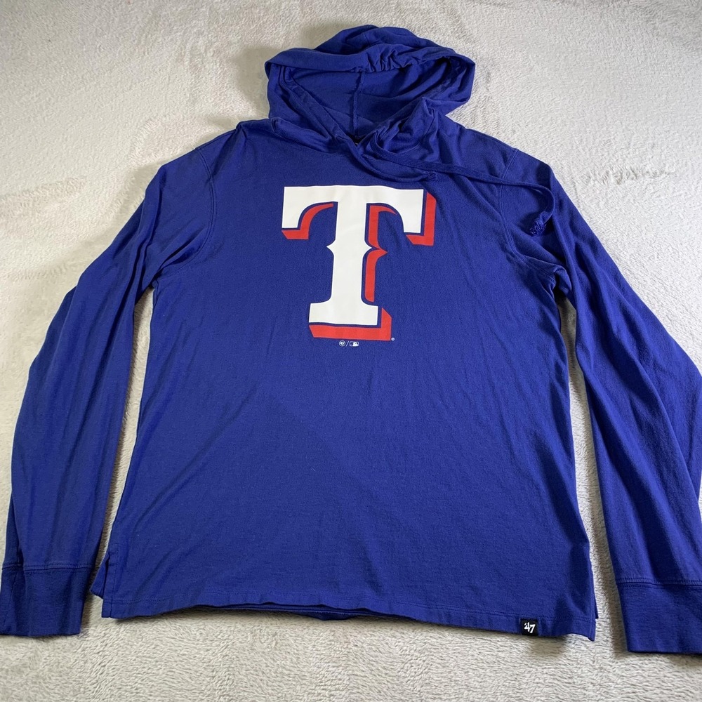 Texas Rangers Hoodie Mens Medium Blue‎ MLB Baseball '47 Brand T Logo Long Sleeve